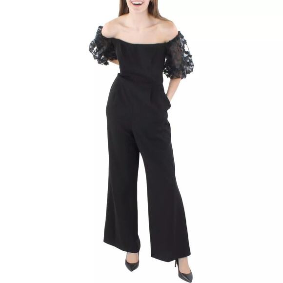 Xscape Women's Petite Floral Applique Off-the-Shoulder Jumpsuit, Black Size 14P - Picture 1 of 2